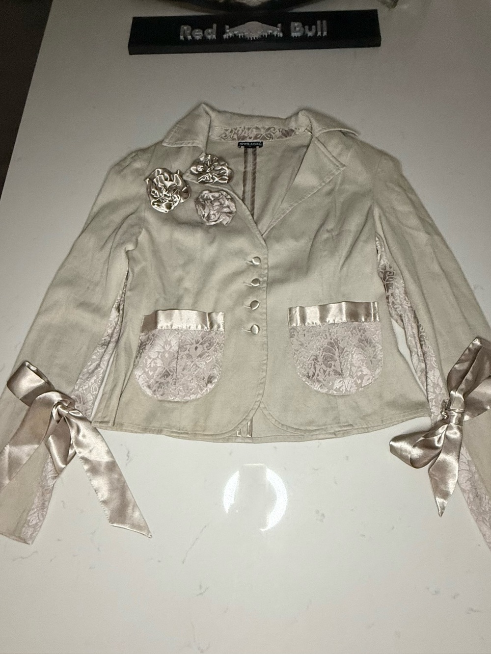 Y2K Wet Seal Beige Lace-Accent Women's Blazer with Satin Bows